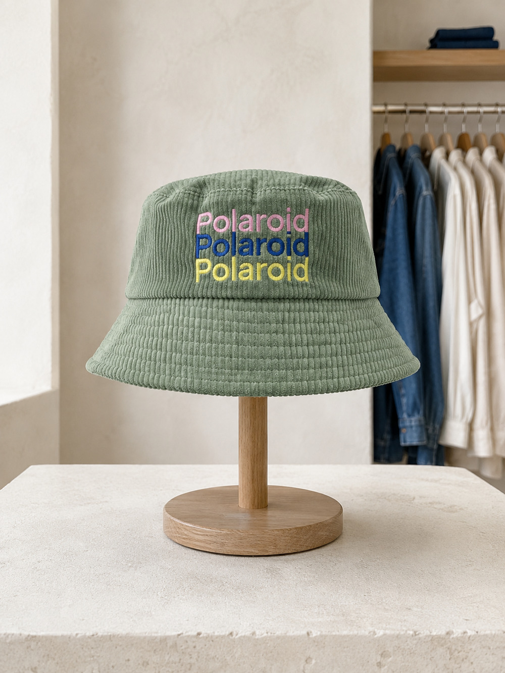 Polaroid Corduroy Bucket Hat Sage Green Embroidered Logo Unisex NWT OSFM